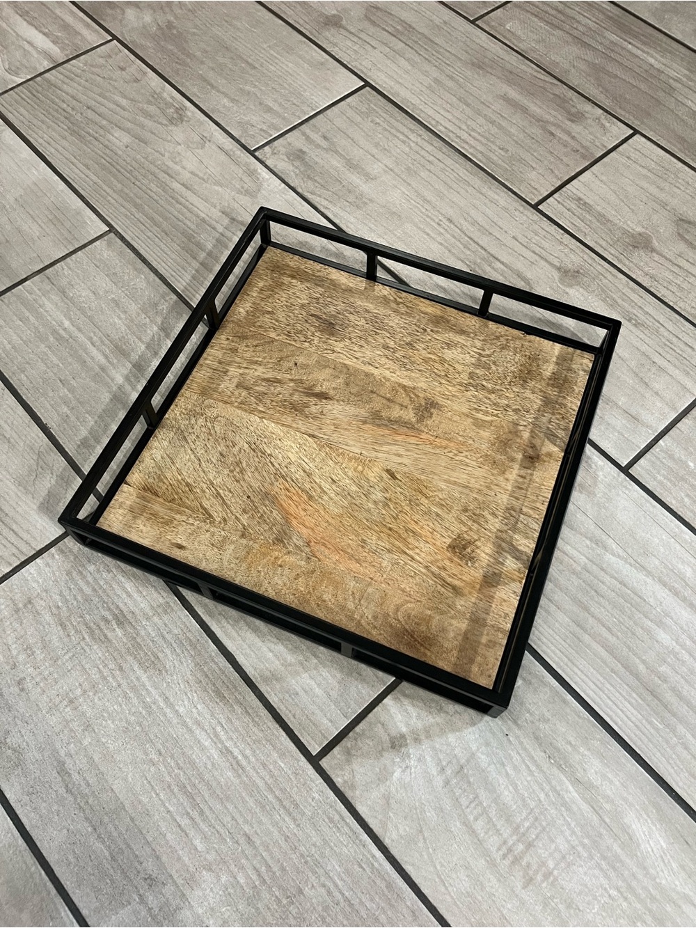 Wood and Black Metal Square Decorative Tray - Brown/Black